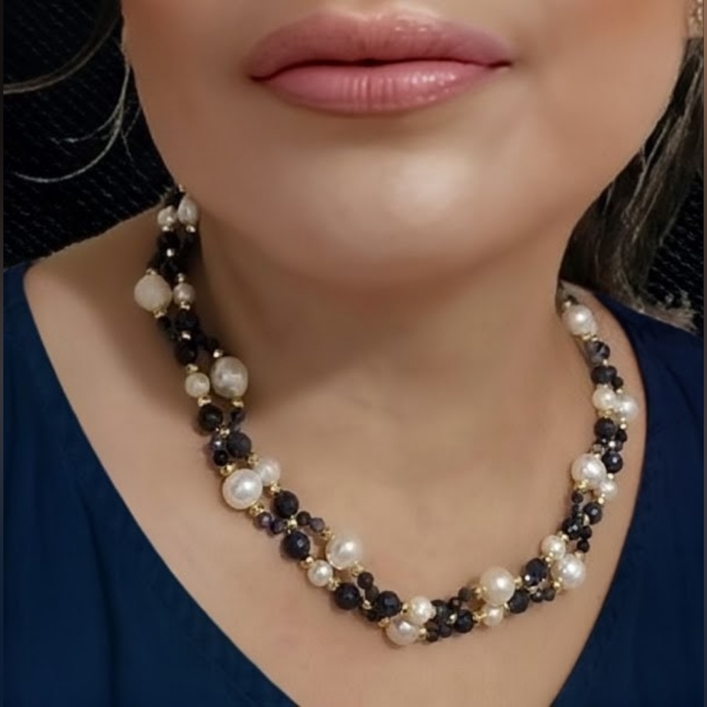 Terra Mystica Genuine Sapphire & Natural Pearls In Handwoven Artisan Necklace